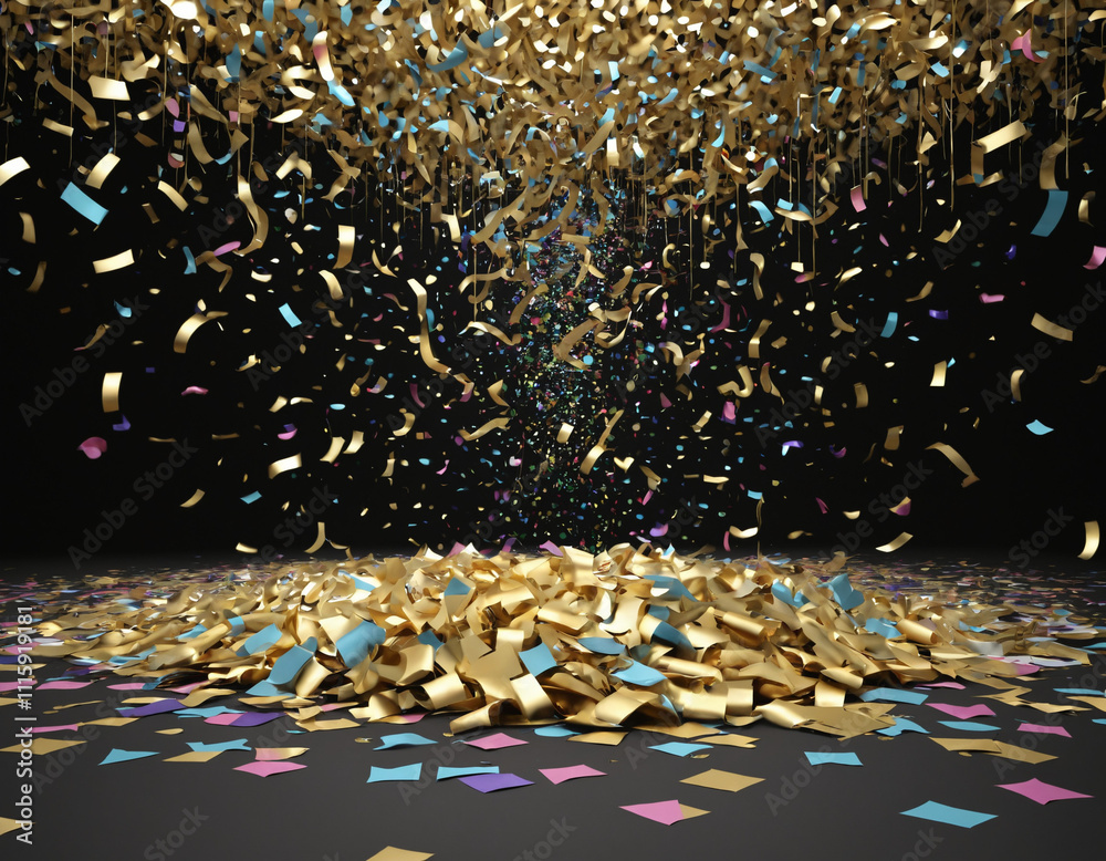 Fototapeta premium Colorful Confetti Scatter On A Black Background, Perfect For Celebrations, Party Decorations, New Year’s Eve, And Festive Event Themes