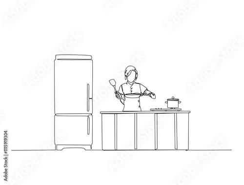 Continuous one line drawing of chef cooking in the kitchen. Professional chef holds pan in single line draw vector illustration. Editable vector.