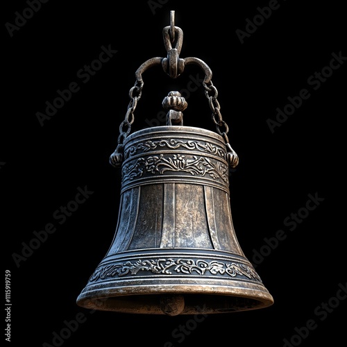 In the backdrop of a dark image, an old rusty bell hangs from a chain.