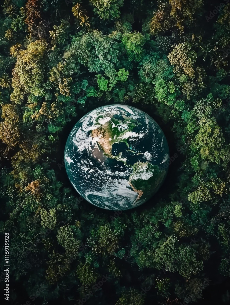 Fototapeta premium Aerial view of Earth surrounded by lush green forests, symbolizing nature and environmental preservation.