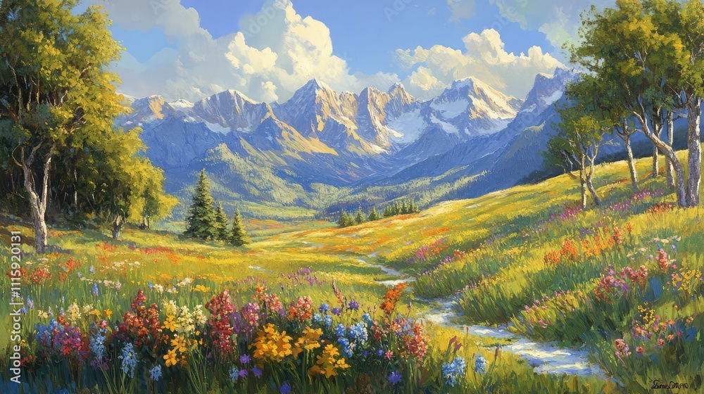 Fototapeta premium Lush Meadow Landscape with Colorful Flowers and Majestic Mountains