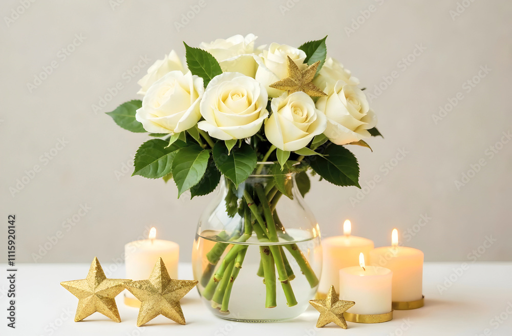 Obraz premium A beautiful bouquet of white roses in a glass vase, complemented by glowing candles and golden star decorations. Perfect for holiday decor, wedding designs, or festive inspiration. Selective focus