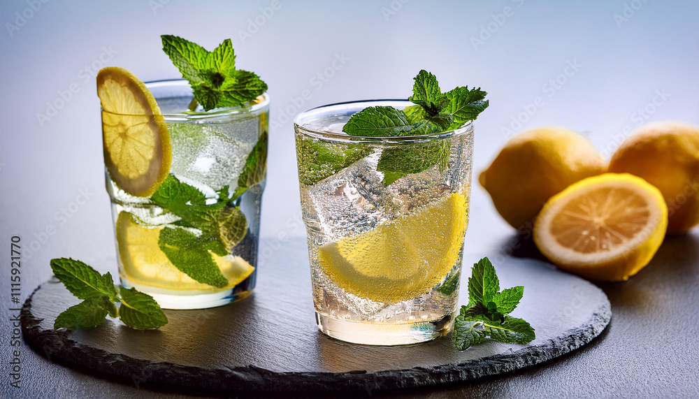 lemon wedge and mint. Refreshing drink with carbonated lemon wedge and mint. Refreshing drink with carbonated