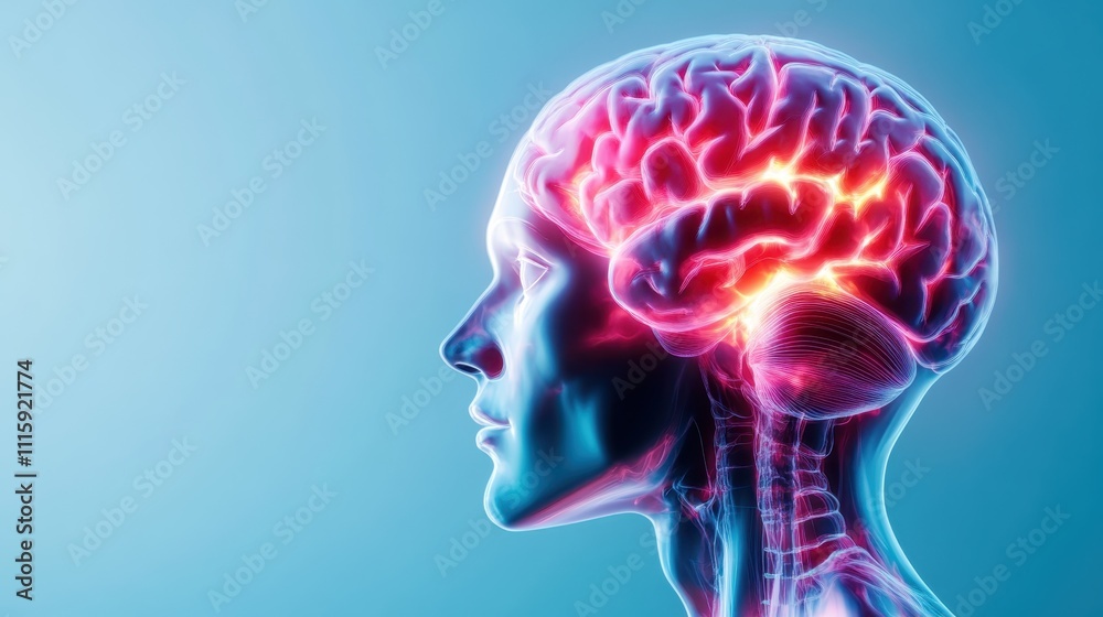 An artistic and vibrant representation of a brain in profile with illuminated sections highlighting neural activity in a dynamic and futuristic scientific illustration. An artistic and vibrant representation of a brain in profile with illuminated sections highlighting neural activity in a dynamic and futuristic scientific illustration.