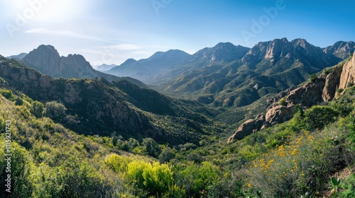 Sunlit mountain valley, lush vegetation, rocky peaks.