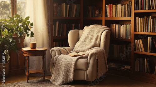 Cozy armchair with blanket, book, and drink near bookshelves in sunlit room.