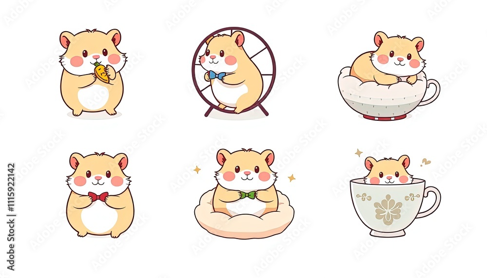 Obraz premium charming collection features cute illustrated hamsters engaged in various activities, perfect for adding a playful touch to any design project.