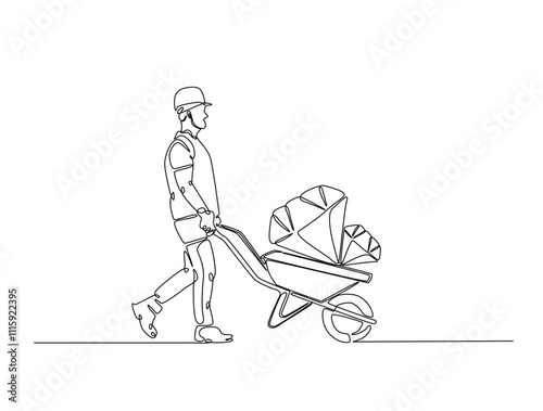 Continuous one line drawing of worker pushing a wheelbarrow with diamond. Work hard, briliant, success and profit concept illustration. Editable vector.