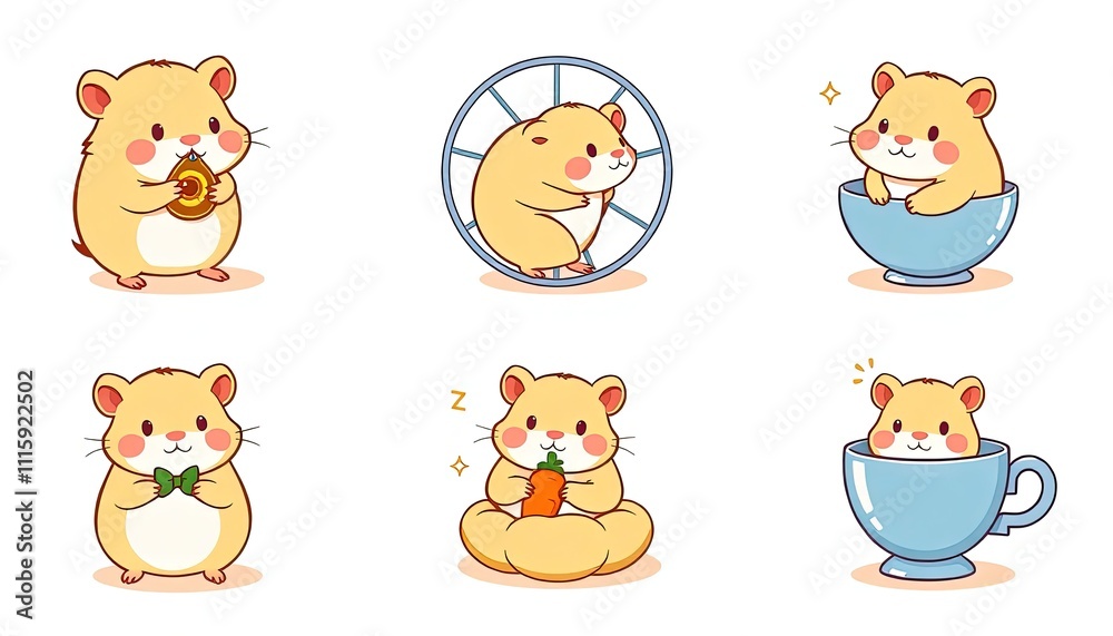 Obraz premium charming collection features cute illustrated hamsters engaged in various activities, perfect for adding a playful touch to any design project.