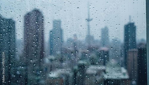 Urban Cityscape with Rain Droplets on Glass Capturing Rooftops and Skyscrapers 