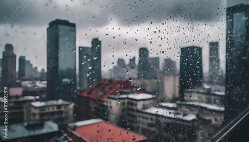 Urban Cityscape with Rain Droplets on Glass Capturing Rooftops and Skyscrapers 