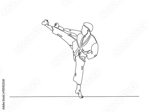 Continuous one line drawing of taekwondo and karate training in the dojo. Asian martial art sport illustration. Editable vector.