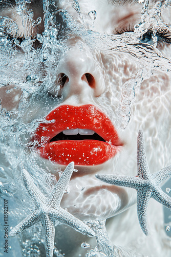 Underwater Portrait: Mystery & Allure with Vivid Red Lips photo