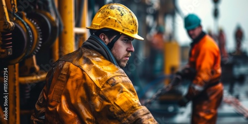 Workers in safety gear, against the backdrop of a massive offshore oil rig in the sea. Generative AI.