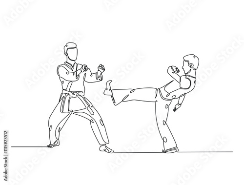 Continuous one line drawing of two figther practicing fight karate combat in the dojo. Taekwondo , karate, asian martial art sport illustration. Editable vector.