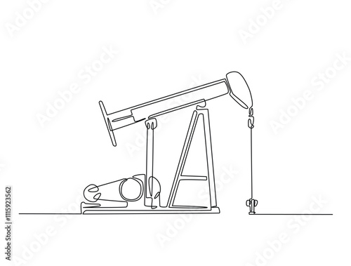 Continuous one line drawing of oil driling pumpjack. Oil pump oil rig energy industrial machine illustration. Editable vector.