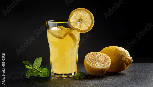 lemonade juice on Cocktail glass, black background, studio background photo