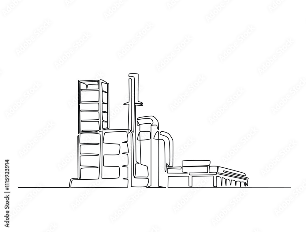 Obraz premium Continuous one line drawing of industrial plant construction. Factory architecture buildings illustration. Editable vector.