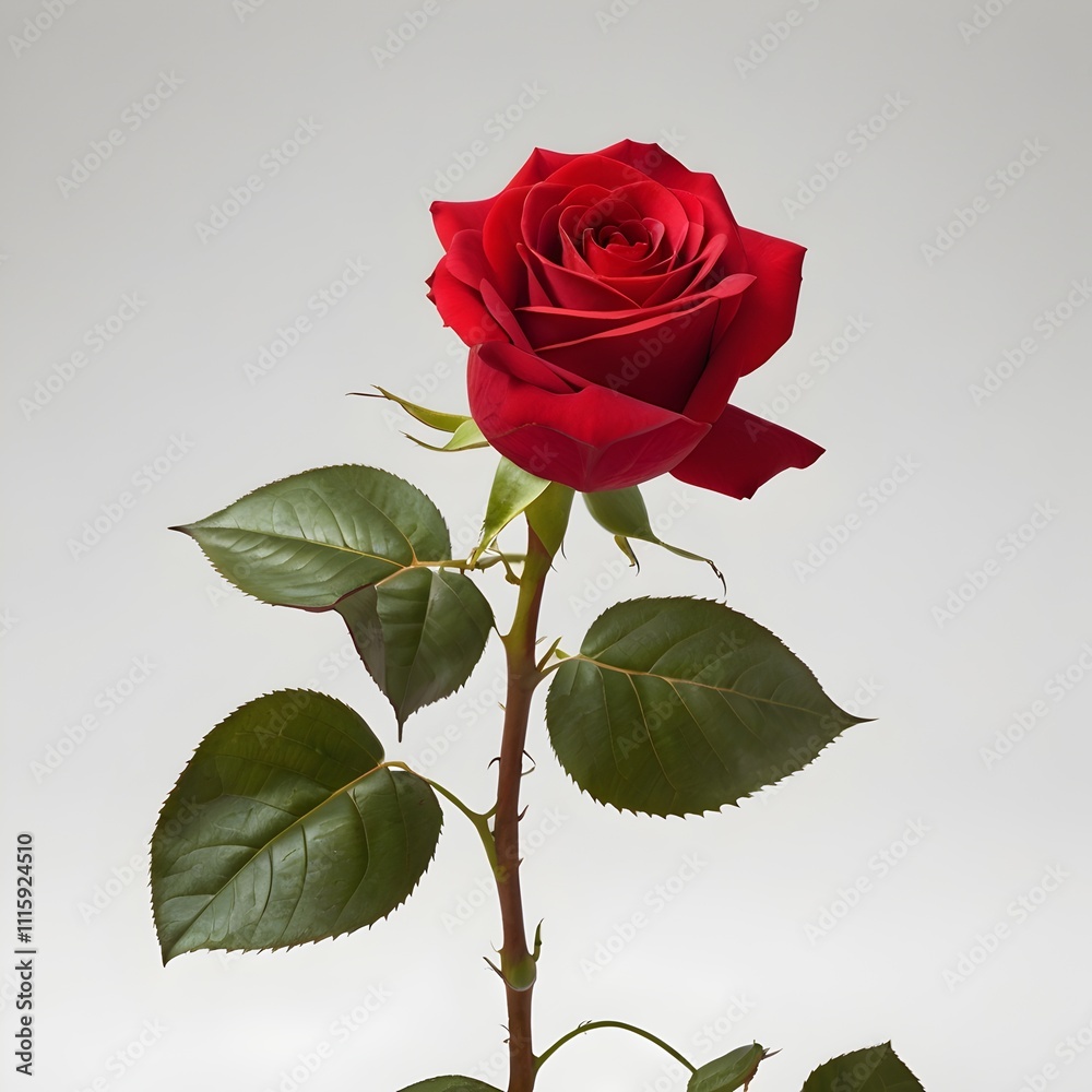 Naklejka premium Red Rose in Full Bloom with Green Stem Isolated on White Background