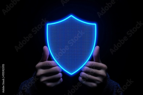 Wallpaper Mural A glowing digital shield is held up by two hands, symbolizing protection and security in a dark environment. Torontodigital.ca