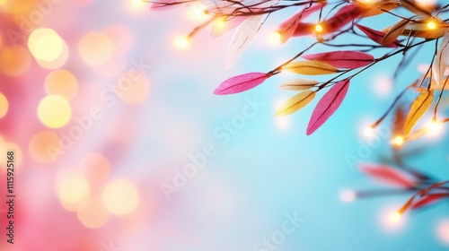 Vibrant leaves in pink and gold are adorned with glowing fairy lights, creating an enchanting and lively scene against a softly blurred blue backdrop. photo