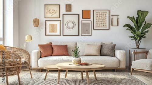 Modern living room with beige sofa, gallery wall, and natural accents.