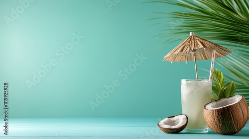 A tropical coconut drink garnished with a paper umbrella sits stylishly on a table, surrounded by fresh coconuts and green palm leaves, evoking island vibes. photo