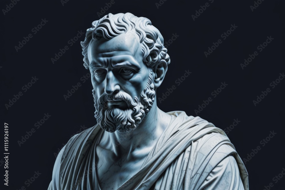 Marble sculpture of a philosopher with a detailed beard wearing draped robes against a dark background Marble sculpture of a philosopher with a detailed beard wearing draped robes against a dark background