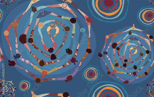 Backdrop seamless pattern with group of diverse people in a circle from different cultures holding hands. Racial equality. Top view. Community men and women of friends or volunteers. Team