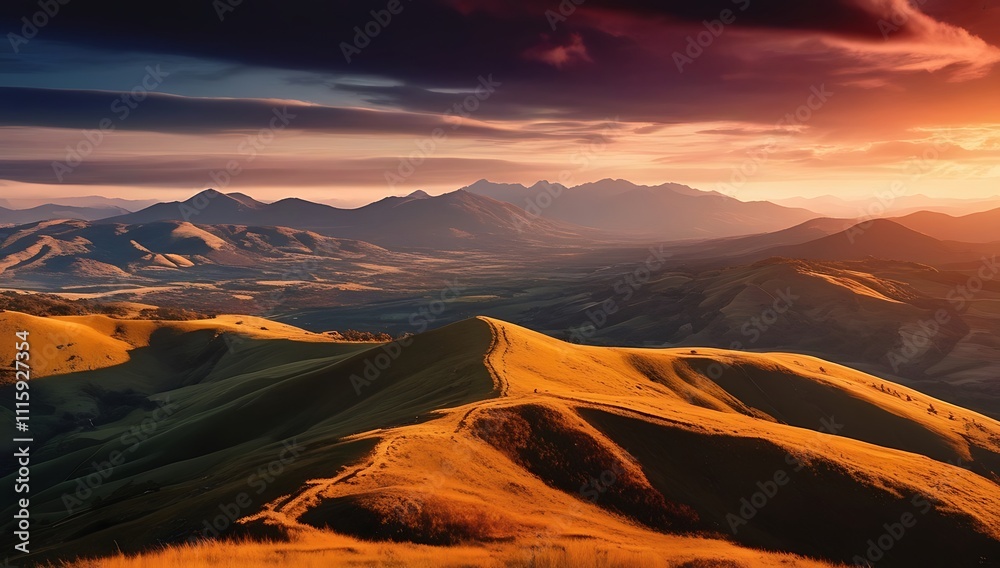Naklejka premium Majestic Mountain Range Sunset Landscape View