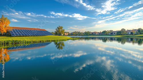 Environmental Saving  and Climate Change Mitigation. A serene landscape featuring a clear lake reflecting the sky, surrounded by trees and modern buildings with solar panels. photo