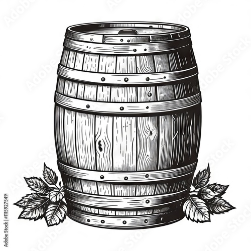 Wooden barrel with detailed craftsmanship and decorative leaves in a rustic style photo