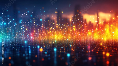 Abstract digital landscape with vibrant lights and reflections.