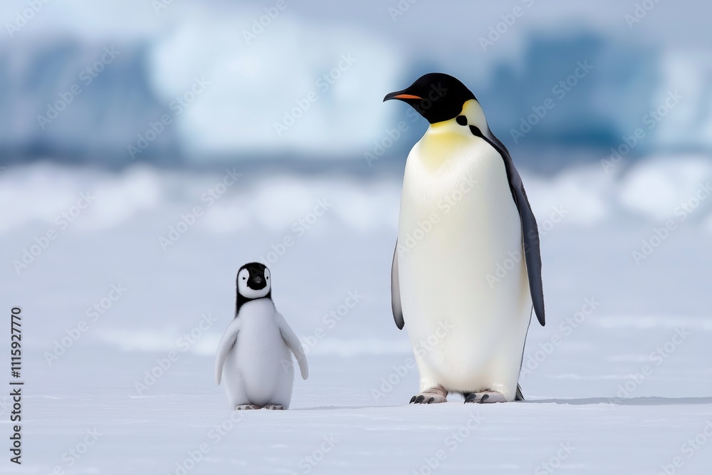 Obraz premium A baby penguin stands next to a larger penguin. The baby penguin is smaller than the adult penguin
