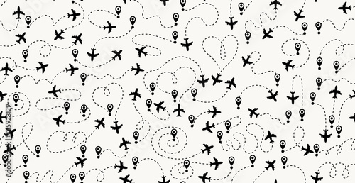 Seamless pattern airplane routes in dotted line. Aircraft tracking, planes, travel, map pins, location pins vector illustration. Seamless pattern aircraft tracking. Departure point, landing point.