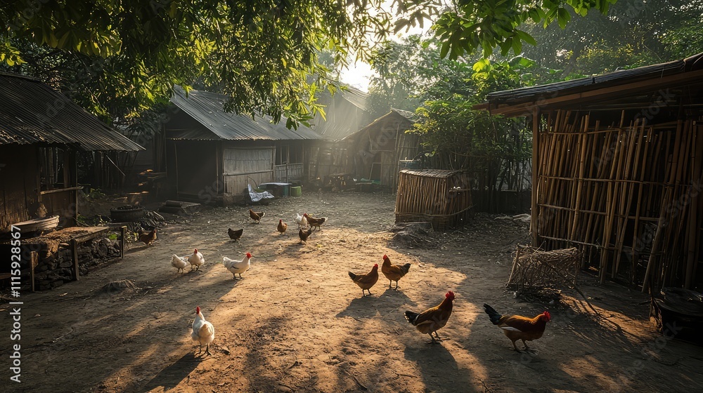 Fototapeta premium Morning Light Illuminates Chickens Roaming in a Rustic Village Setting