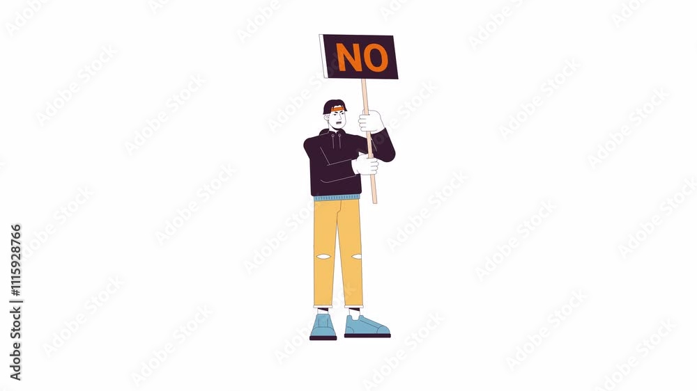 Angry asian man holding no sign cartoon animation. Public demonstration of refusal 4K video motion graphic. Emotional korean make on protest animated 2D character isolated on white background Angry asian man holding no sign cartoon animation. Public demonstration of refusal 4K video motion graphic. Emotional korean make on protest animated 2D character isolated on white background