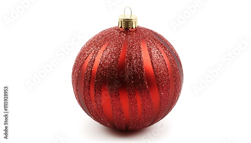 A shiny red Christmas ornament with glitter and stripes, perfect for holiday decorations.