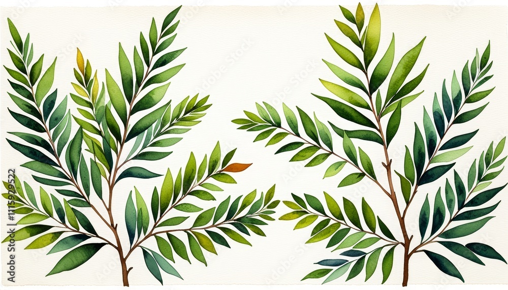 Watercolor botanical art: vibrant greenery on white background Watercolor botanical art: vibrant greenery on white background