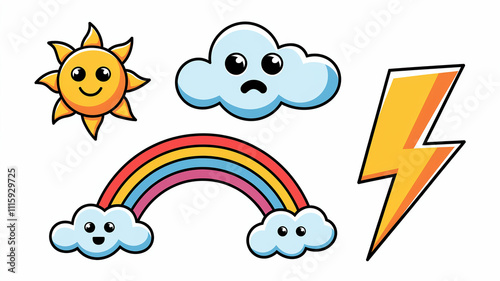 Cute Cartoon Weather Icons Sun Rainbows Lightning