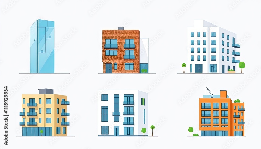 Fototapeta premium set of buildings apartemen . vibrant collection features a variety of illustrated buildings, showcasing modern architectural styles perfect for urban-themed projects.