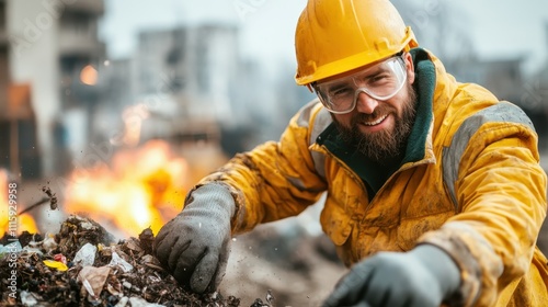 A construction worker dressed in orange safety attire and a yellow hard hat works diligently at a bustling industrial site, surrounded by debris and dynamic elements. photo