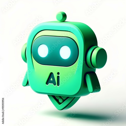 Green AI Robot 3D Icon in Cartoon Style, Isolated on White
