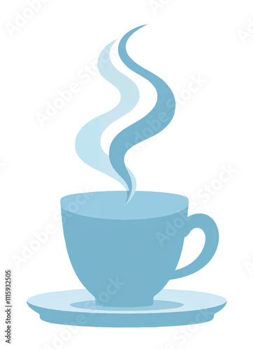 vector of a blue cup of hot coffee with steams forming spirals coming out of it on white background