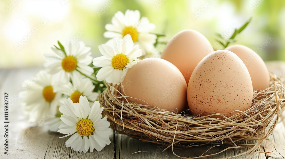 Easter nest with chicken eggs and daisies on a green bokeh background. Easter nest with chicken eggs and daisies on a green bokeh background.