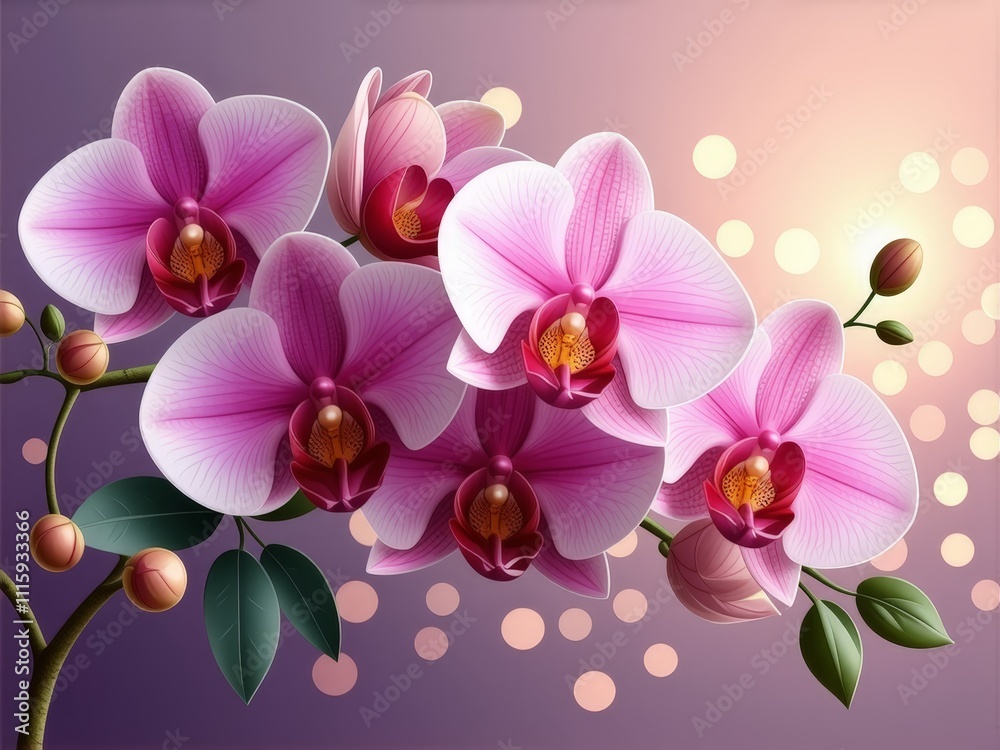 Fototapeta premium Beautiful pink orchids blooming against a soft bokeh background at sunset