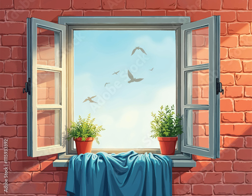 vector painting of a window with bricks wall and potted plants with birds flying on the blue sky