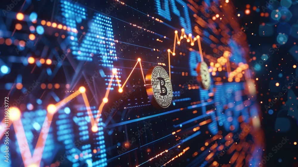 Obraz premium Background with financial charts showing analysis of bitcoin, cryptocurrencies, trading, stock market graphs and digital finance technology concept.