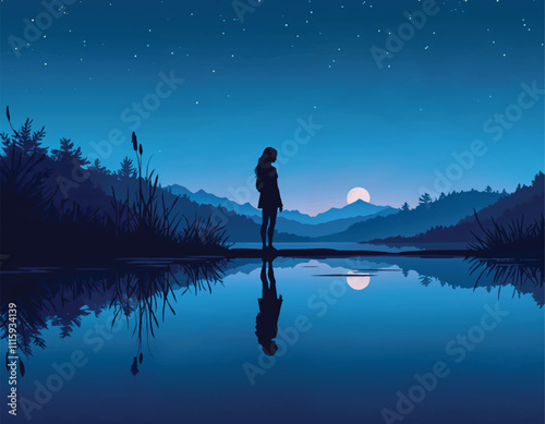 silhouette of a girl stands in front of a lake with the mountains and moon with starry sky at dawn