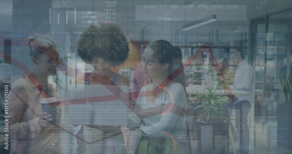 Obraz premium Image of financial data processing over diverse business people in office